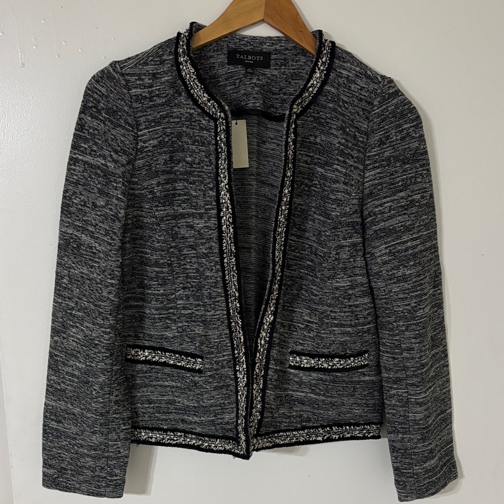 Talbots NWT Black Grey Tweed Boucle Blazer Jacket Fringe Trim Petite M